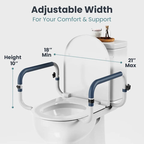 Adjustable Toilet Safety Rail With Rock Solid Stability And Hella Strong Build For Seniors And Elderly Adults Featuring No Fuss Mounting, adjustable width shown.