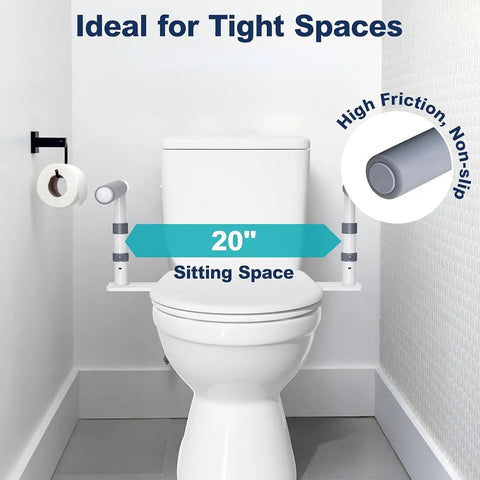 Bulletproof Over Toilet Safety Rails delivering heavy duty support with a 20" sitting space for tight bathroom spaces.