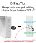IP65 Weatherproof Outdoor Electrical Junction Box Enclosure, ABS Plastic, Dustproof And Water Resistant, White, 3.9 x 3.9 x 2.8 Inch, Includes NPT Cable Glands For Easy Sealing, Great For Electronics Projects with drilling tips illustration.