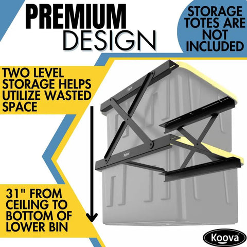 Heavy Duty Dual Rail Overhead Garage Storage System Stacking Ceiling Racks For Tote Bins showing two-level design and mounting system.