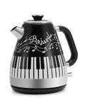 Electric Kettle With Piano And Musical Notes Design 1.7 Liter Stainless Steel Interior 1200 Watt Fast Boil For Tea And Coffee Cordless