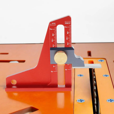 Pro Grade Woodworking Height Gauge For Quick Depth And Height Readouts, CNC Machined Aluminum Setting Gauge with Dual Scale shown on table saw