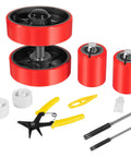 Complete Pallet Jack Wheel Replacement Kit With Dual 7x2 Steering Wheels, Dual 3x3.75 Front Load Rollers, Bearings, Tools Visible