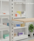 Adjustable Pillar Shelf Bracket For Retail Displays And Modular Shelving supporting wooden shelf in slotted upright