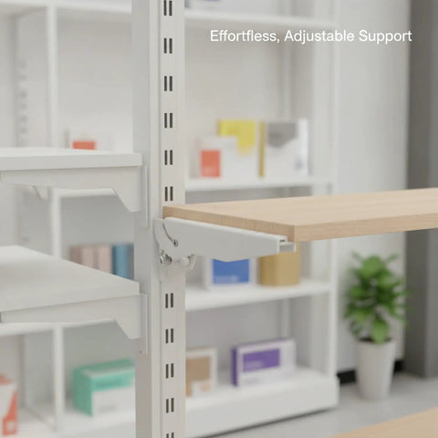 Adjustable Pillar Shelf Bracket For Retail Displays And Modular Shelving supporting wooden shelf in slotted upright