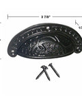Premium Black Wrought Iron Cup Pulls 4 X 2 Inch Cabinet Drawer Handles Pack Of Six with screws, antique geometric design.