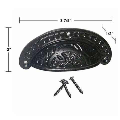 Premium Black Wrought Iron Cup Pulls 4 X 2 Inch Cabinet Drawer Handles Pack Of Six with screws, antique geometric design.