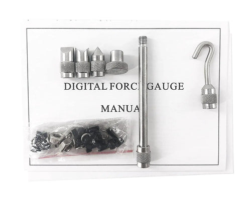 Top Shelf Digital Force Gauge For Smooth Push Pull And Compression Testing Up To 300N accessories including nozzles and manual.