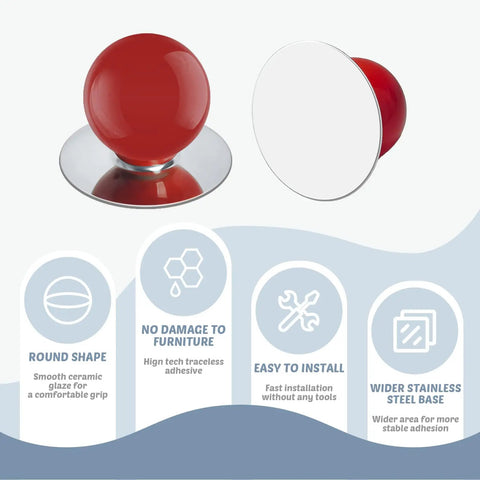 Dead Simple Peel And Stick Cabinet Knobs Ten Pack Red Ceramic Ball Handles With Slick Silver Stainless Base, 27mm knob