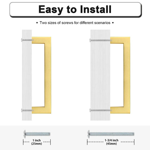 Installation guide for Thirty Pack Square Gold Cabinet Pulls With A Killer Brushed Brass Finish showing screws sizes.
