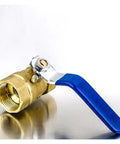 Built Tough Solid Brass BSP Thread Ball Valve With Heavy Duty Lever Handle And Cool Green Vinyl Grip For Foolproof Water Oil And Gas Line Plumbing Up to 300 Psi With Zero Drama at an angle showing brass valve and blue handle.