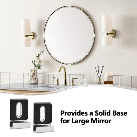 12 Pack Heavy Duty Stainless Steel Mirror Wall Mount Clips With Grippy Non Slip Safety Pads Built Tough Hanging Braces For Quarter Inch Glass Panels And Display Frames Silver providing support for large bathroom mirror.