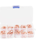 Copper Crush Sealing Washers Assortment Kit With Beefy Bolts For Car Oil Drain Plugs And Plumbing Fittings in a clear storage case.