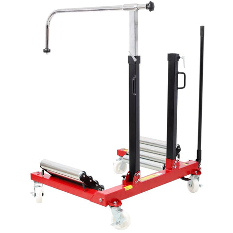 Heavy Duty Wheel Dolly Featuring Two Stage Hydraulic Pump With Four Heavy Duty Swivel Casters For Trucks And Tractors 2640 Lb Load Rating Steel Tire Cart Built Badass For Zero Sweat Rolling And Smooth Operator Precision In Black Red.
