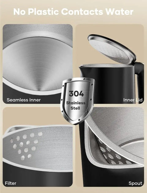Double Wall 1.7L Electric Kettle With Cool Touch Exterior No Burn Hands Safety Rapid 1500W Boil Stainless Steel Water Boiler and Heater Cordless Base BPA Free Black, interior view showing seamless 304 stainless steel inner lid, filter, and spout design.