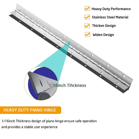 Two Pack One Eight Inch Stainless Steel Piano Hinges Heavy Duty Build With Pre Drilled Holes For Quick Snappy Setup Rust Proof Finish Built Tough Professional Jobs, showing hinge thickness and design details.