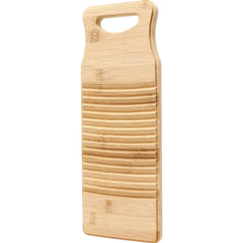 No Sweat Bamboo Washboard For Hand Washing Clothes with non-slip base and deep grooves, portable wooden laundry scrubber.