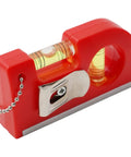 2-in-1 Pocket Level with Metal Chain for Construction and DIY Projects, red plastic design, horizontal and vertical vials visible.
