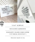 Elegant Acrylic Bathroom Do Not Flush Sign 3.5x5 Inches With Adhesive Pack Of 5, display showing sign and closeup of adhesive backing.