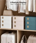 Premium Bra Storage Box With Lid stacked in a closet, elegant organizer for lingerie with soft touch finish.