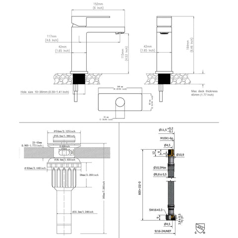 Technical drawing of Brass Single-Handle Bathroom Sink Faucet With Escutcheon, Pop Up Drain, And Water Supply Hoses, Matte Black Finish