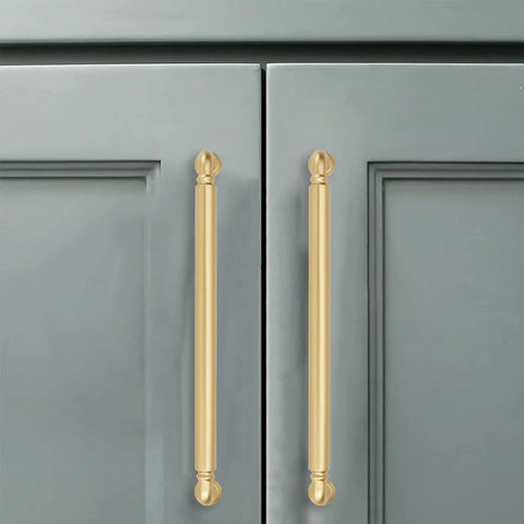 Heavy Duty Brushed Gold Cabinet Pulls 5 Pack Solid Rust Resistant Kitchen And Bathroom Drawer Handles Matte Satin Finish on gray cabinets