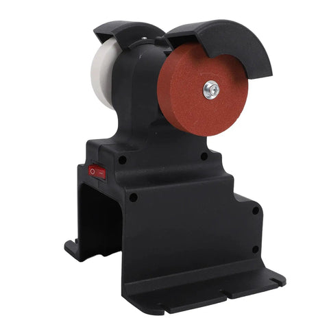 Cordless Mini Bench Grinder Battery Powered With Heavy Duty Copper Motor And Dual Grinding Stones, featuring a red grinding stone and support base.