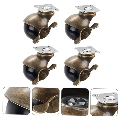Four Pack Vintage Brass Caster Plates With Locking Wheels Heavy Duty Furniture Casters Built Like A Tank Smooth As Butter Rolling Platform For Trolleys And Shelves Indoor Outdoor, showing smooth black wheels and brass finish.