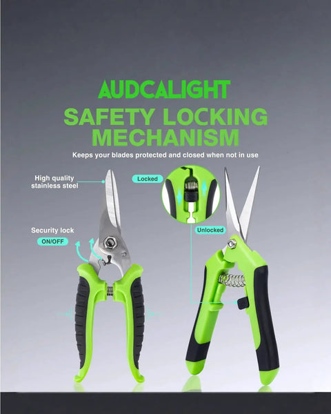 4 Pack Titanium Bypass Pruning Shears With Ergonomic Grips And Stainless Blades, safety locking mechanism view