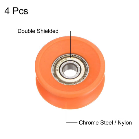 4 Pack U Groove Roller Wheels Delivering Slick Operation And Heavy Duty Steel Bearings 6X30X13MM Rugged Nylon V Track Pulleys For Sliding Doors Cabinets And Window Hardware Orange showing chrome steel bearing and nylon wheel.