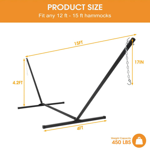 Heavy Duty Steel Hammock Stand For Two Peeps, Portable Outdoor Frame With Hooks And Chains, 15 Ft Hammocks Compatible, 450 Lb Capacity, Fits 12 To 15 Ft Hammocks, Black; 15 ft frame with measurements.