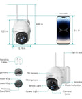 Wireless Outdoor Security Camera With Battery Power, 360 Degree View, 2K Clarity, shown with phone size comparison and features labeled.