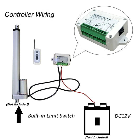 Tough As Nails 12V Linear Actuator 18 Inch Stroke 3000N With Kickass Wireless Remote Controller and Mounting Brackets for Solar Trackers showing controller wiring.