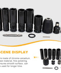 Heavy Duty Vanadium Steel Impact Wrench Socket Set With Chrome Coating Drill Adapter 14 To 22 Mm shown with various socket sizes and drill adapters.