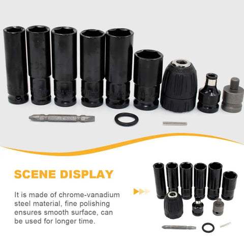 Heavy Duty Vanadium Steel Impact Wrench Socket Set With Chrome Coating Drill Adapter 14 To 22 Mm shown with various socket sizes and drill adapters.