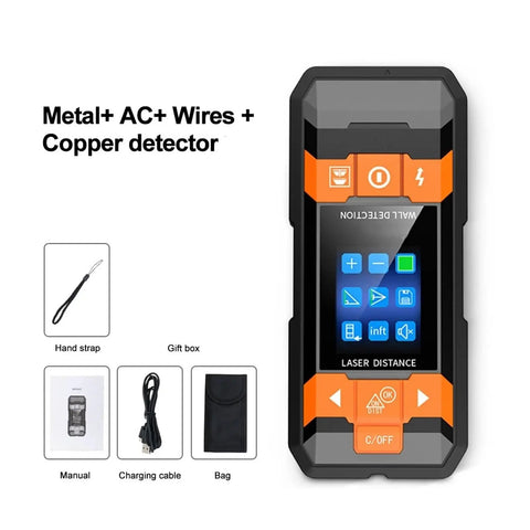 Heavy Duty Stud Finder And Wall Scanner With Laser Distance Meter And Copper Wire Detector showing buttons and LCD screen.