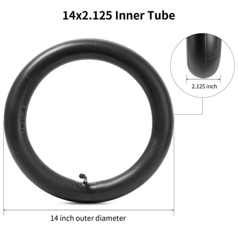 14x2.125 Butyl Bike Inner Tube With CR202 Bent Valve Stem, fits 14-inch tires, shown with size and valve detail.
