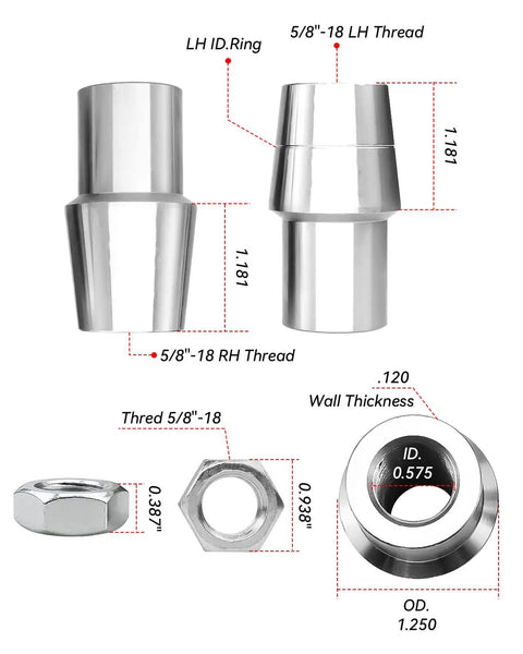 Heavy Duty 5/8 Inch Heim Joints Rod End Kit Built Damn Tough With Hard Chrome Plated Chromoly Steel for detailed components and measurements.
