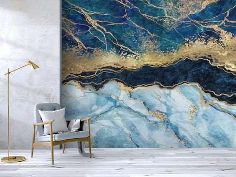 144 Inch By 100 Inch Self Adhesive Wallpaper Roll In Blue Marble Abstract Stone Texture With Dope Gold Accents Peel And Stick Waterproof PVC Wall Mural For Living Room Bedroom Bathroom Home Decor showcased in modern living space.