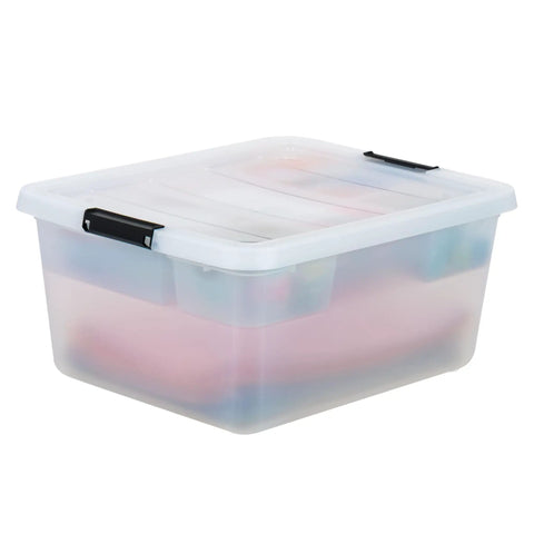 Clear 18 Qt Storage Organizer With Removable Dividers And Lid, Stackable Plastic Box For Crafts, Tools, Office And Pantry Gear.