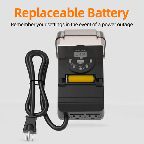 Outdoor Digital Light Timer Outlet 7 Day Programmable Plug In Switch With Dual Grounded Sockets showing replaceable battery feature.