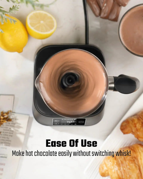 Top view of 5 In 1 Milk Frother And Steamer With Adjustable Temperature 17 Oz Detachable Frother in use making hot chocolate.