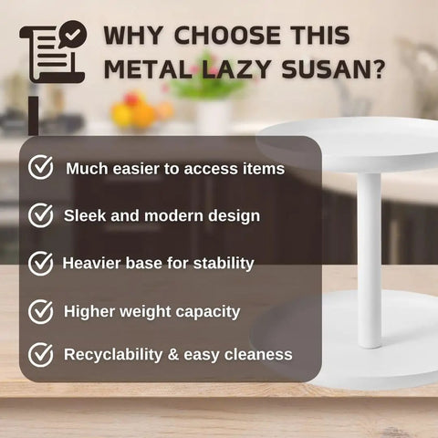 2 Tier Rotating Lazy Susan Spice Rack Organizer for Kitchen Counter Smooth 360 Spin White features benefits like ease of access and stability.