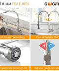 LED Light Kitchen Faucet With Pull Down Sprayer Dope Style Sus304 Stainless Steel Industrial Single Handle Brushed Nickel Finish features