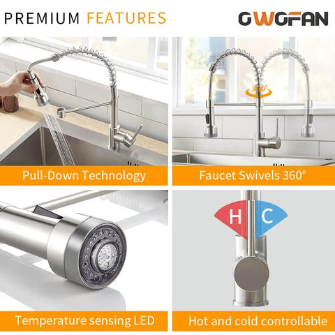 LED Light Kitchen Faucet With Pull Down Sprayer in SS304 Stainless Steel demonstrating pull-down and swivel features