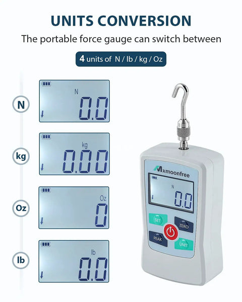 Professional 5N Digital Force Gauge Portable Push Pull Meter With Carrying Case For Accurate Handheld Pressure Testing Supports Newton Ounce Kilogram And Pounds Powered By 2Pc Aaa Batteries displaying unit conversion options on screen.