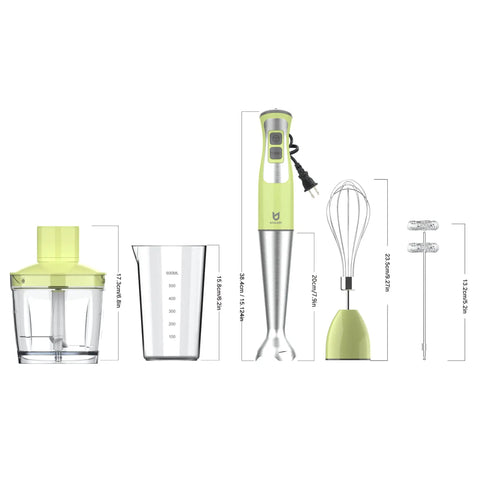 5 In 1 All In One Immersion Hand Blender With 8 Speeds And 300W Power, Includes 600ml Container, 500ml Food Grinder, Milk Frother, Egg Whisk, Green.