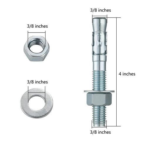 Three Eighths By Four Inch Ten Piece Set Standard Fasteners For Heavy Duty Zinc Wedge Anchors For Cement And Concrete Corrosion Resistant