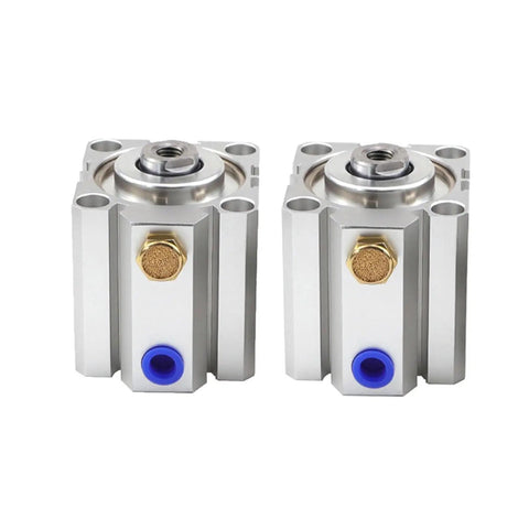 Compact Single Acting Pneumatic Air Cylinder From Ssa Series offering dual stainless steel cylinders with blue and gold fittings.