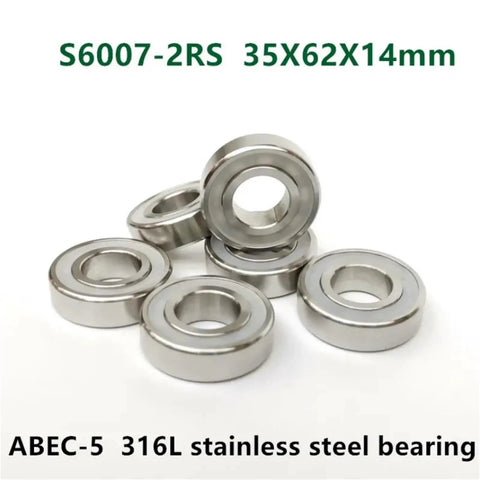 Top Notch 10 Pack 6007 2RS Deep Groove Ball Bearings Stainless Steel 316L 35X62X14 mm arranged on a surface.